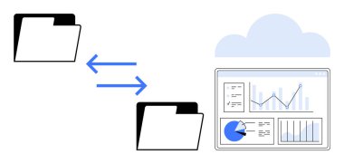 Oklarla veri alışverişi yapan iki dizin, grafik ve grafiklerle dolu bir gösterge paneline bağlı. Bulut depolama, veri transferi, analitik, üretkenlik, organizasyon ve takım çalışması için ideal