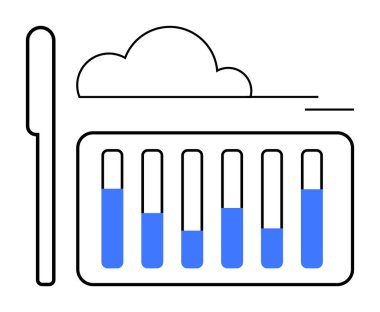 Yatay çizelgenin üstünde bulut grafiği var. Altı çizgi kısmen dolu. Veri, teknoloji, analitik, bulut hesaplaması, görselleştirme, raporlar, ölçüler, basit iniş sayfası için ideal