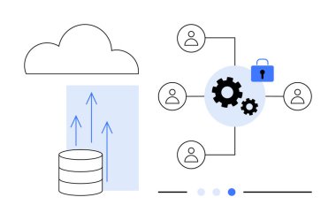 Bulut, yukarı doğru oklu veri tabanı, bağlı kullanıcılar, vitesler, kilit. Veri güvenliği, bulut depolama, takım çalışması, teknoloji iş akışı yönetimi için ideal bilişim çözümleri basit iniş sayfası