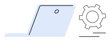 Dizüstü bilgisayarı ayarları ve geliştirmeyi temsil eden bir dişlinin yanında aç. Teknoloji, yazılım, iş akışı, üretkenlik, yapılandırma, web hizmetleri, basit iniş sayfası için ideal