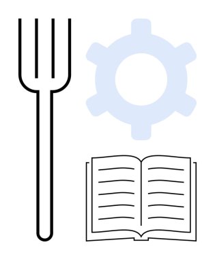 Çatal, dişli ve beslenme, mekanik çalışma ve eğitimi simgeleyen açık bir kitap. Üretkenlik, öğrenme, denge, yenilik endüstrisi, kişisel gelişim için ideal düz metafor