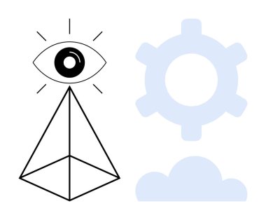 Piramidin üzerindeki göz ışıyan çizgiler, mekanik için çark, ve bağlantıyı gösteren bulut. Vizyon, strateji, teknoloji, yaratıcılık, yenilik fütürizm bilgisi için idealdir. Düz basit metafor
