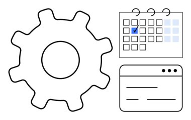 İşlemler için vites, tarihi işaretlenmiş takvim, tarayıcı penceresi. Proje planlaması, otomasyon, verimlilik, programlama, organizasyon iş akışı görevleri için idealdir. Düz basit metafor
