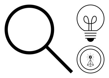 Büyüteç, ampul ve soyut göz, arama, yenilik ve farkındalığı sembolize eder. Araştırma, yaratıcılık, vizyon merakı problem çözme keşfi için ideal. Düz basit metafor