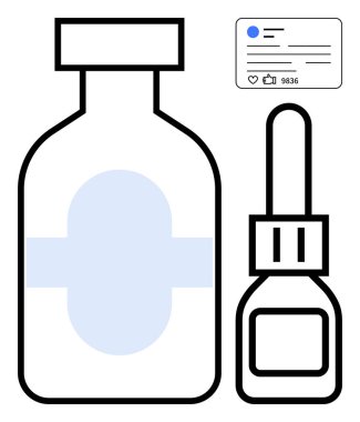 Sosyal medya ölçümlerinin yanında ilaç şişesi ve düşürücü. Sağlık, pazarlama, eczane markalaşması, ürün tanıtımı, dijital sağlık hizmetleri, viral eğilimler, basit iniş sayfası için ideal