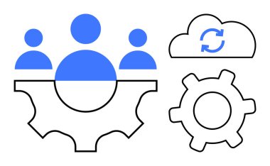 Takım çalışmasını simgeleyen bir dişlinin içinde, senkronize ok ve vitesli bir bulutun yanında üç kişi. Takım çalışması, iş akışı, otomasyon, bulut hesaplama, verimlilik, işbirliği ve sistemler için ideal