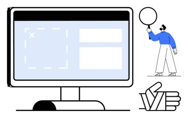 Düzenlenebilir web sayfası tasarımı olan masaüstü monitörü, diyalog baloncuğu tutan kişi ve işi onaylayan el hareketleri. Web geliştirme, yaratıcılık, takım çalışması, iletişim, kullanıcı deneyimi, modern