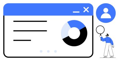 Bir pasta grafiği, metin bölümleri, kullanıcı profili simgesi ve veri analiz eden bir kişi ile web arayüzü. Veri analizi, iş anlayışı, kullanıcı arayüzü tasarımı, dijital araçlar, pazarlama şirketi için ideal