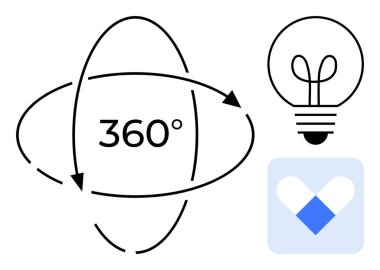 360 derecelik oklar, aydınlatıcı bir ampul ve geometrik uygulama ikonu ile eşleştirilmiş kalın metni çevrelemektedir. Yenilik için ideal, teknoloji, yaratıcılık, uygulama geliştirme, fikirler, görselleştirme, düz basit