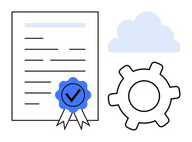 Onaylı bir rozet, bulut ve teçhizatlı belge. Sertifika, bulut hesaplama, teknoloji, otomasyon, uyum eğitimi için ideal. Düz basit metafor