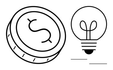 Bir ampulün yanına eğilmiş dolar işaretli sikke fikirleri, parayı ve yaratıcılığı sembolize ediyor. Finans, yenilik, fikirler, ekonomi, girişimler, sürdürülebilirlik yatırımları için idealdir.