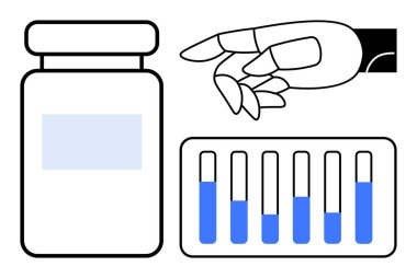 Test tüpleri ve ilaç konteynırının yanında tutulan robot eller laboratuvar yeniliklerini akla getiriyor. Sağlık, robot bilimi, tıbbi araştırma, otomasyon, teknoloji, yapay zeka, basit iniş sayfası için ideal