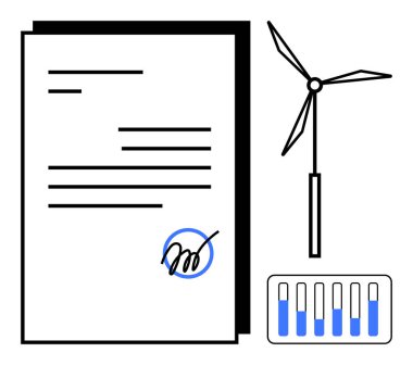 Enerji seviyelerini gösteren rüzgar türbini ve çubuk grafiğinin yanında imzalanmış belge. Yenilenebilir enerji, yeşil anlaşmalar, sürdürülebilirlik, enerji çözümleri, ilerleme takibi, eko sözleşmeleri, basit