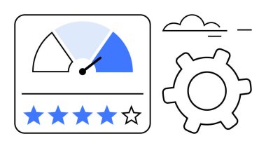 Hızlı arama göstergesi orta seviyeyi, vitesi ve beş yıldızlı derecelendirme sistemini gösteriyor. Değerlendirme, performans optimizasyonu, analitik, değerlendirmeler, metrik iyileştirme yeniliği için ideal. Düz basit metafor