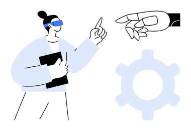 Arka planda vites şekilli robotik eli gösteren VR kulaklık kullanan bir birey. Yenilik için ideal, sanal gerçeklik, yapay zeka, insan-makine etkileşimi, teknoloji, robotik