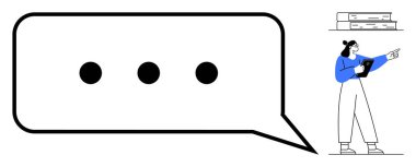 Üç noktalı büyük konuşma balonunu işaret eden bir kadın, elinde tablet, köşede kitaplar. İletişim, işbirliği, hikaye anlatma, mesajlaşma, eğitim, yaratıcılık için ideal basit iniş sayfası