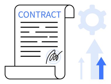 İlerlemeyi, takım çalışmasını ve anlaşmaları sembolize eden yukarı doğru ok ve teçhizatlı imzalı sözleşme tomarı. İş, ortaklık, müzakere, planlama, büyüme, yürütme için ideal basit bir metafor