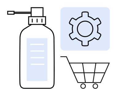 Pompa şişesi, dişli mekanizması, alışveriş arabası. Hijyen, teknoloji, e-ticaret, imalat, ürün tasarımı, yenilik için ideal