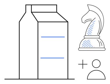 Satranç şövalyesi ve kullanıcı simgesi artı işaretinin yanında süt kutusu ana hatları. Strateji, pazarlama, karar verme, markalaşma, tüketici odaklı, iş planlaması, yenilik için ideal. Düz basit metafor