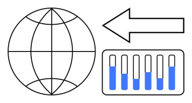 Küresel ızgara simgesi, yatay ok, mavi tonlarda dikey çubuk grafiği veri eğilimlerini gösteriyor. Küresel veriler, analitikler, ilerleme izleme, pazar eğilimleri, iş büyümesi, basit istatistikler için ideal