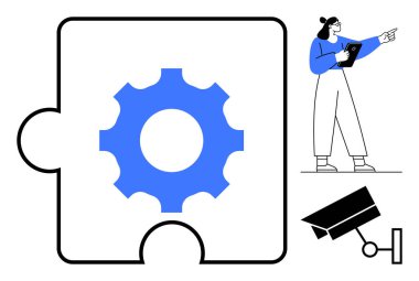 Bulmaca parçasında dişli, elinde tablet tutan kadın, CCTV kameraları strateji, organizasyon ve sistem öneriyor. Takım çalışması, yenilik, otomasyon, güvenlik analiz planı için idealdir.