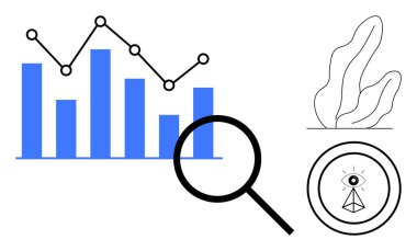 Eğilim çizelgesi, büyüteç, çemberin içindeki soyut göz ve bitki yaprağı çizimi. Analiz, araştırma, strateji, vizyon, keşif için ideal basit bir iniş sayfası