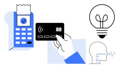 Ödeme terminali yakınında el ele tutuşma kartı, fikirler için parlayan ampul, nefes borusu. Ödeme için ideal, teknoloji, yaratıcılık, yenilik, farkındalık, sağlık düz metaforu