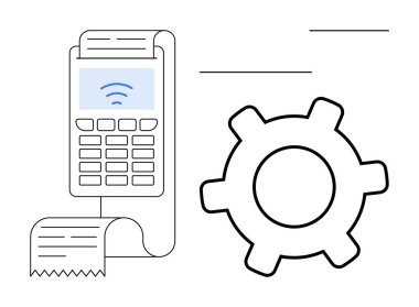 Yazılı makbuz ve işlevselliği veya ayarları belirten dişli simgesi olan ödeme aygıtı. Finans, ödeme sistemleri, e-ticaret, teknolojik yenilik, veri yönetimi, otomasyon için ideal