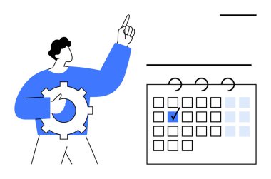 Üzerinde kontrol işareti olan bir takvimin yanında duran kişi yukarı doğru hareket ediyor. Planlama, zaman yönetimi, hedef belirleme, görevler, programlama, verimlilik, iş akışı için ideal. Düz basit metafor