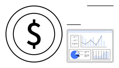 Çubuk grafikler, pasta grafikleri ve çizgi çizelgesinin yanındaki dairesel çerçevenin içinde dolar işareti. Finans, yatırım, iş, analitik, ekonomi ve basit iniş sayfaları için ideal