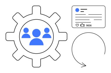 Mavi insan figürleri viteste, profil istatistikleri çarpışma ölçülerinde ve dairesel akış okunda. Takım çalışması, kullanıcı bağlantısı, analitik, işbirliği, sosyal medya, iş akışı sade iniş için ideal