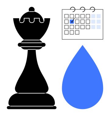 Satranç kralının sembolize ettiği strateji, takvim belirleme planı, sürdürülebilirliği gösteren mavi su damlası. Yönetim, planlama, strateji, sürdürülebilirlik, odaklanma, organizasyon minimalizmi için ideal