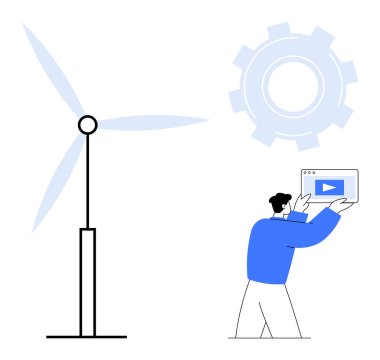 Elinde oyun ikonu olan dijital ekran tutan bir adam rüzgar türbini ve vites gösteriminin yanında duruyor. Teknoloji için ideal, yenilenebilir enerji, yenilik, çevre dostu, yeşil çözümler, dijital