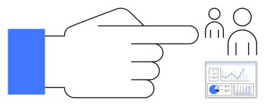 Büyük bir el, yanında veri torpidosu olan iki minimalist figürü işaret ediyor. İşe alım, analitik, takım çalışması, liderlik, hedef belirleme, strateji ve basit bir iniş sayfası için ideal
