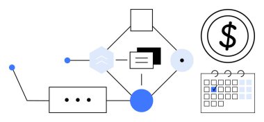 Düğümler, takvim simgesi ve dolar işaretiyle finansal iş akışı. Planlama, bütçe, finans, veri yönetimi, organizasyon proje izleme analizleri için idealdir. Düz basit metafor