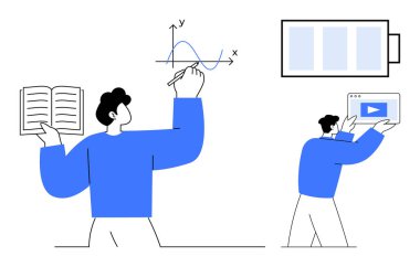 Elinde kitap tutan ve çizim çizen kişi, elinde oynatma düğmesi olan bir tablet daha, pil göstergesi. Eğitim, üretkenlik, e-öğrenme, enerji, büyüme, medya ve basit iniş sayfası için ideal