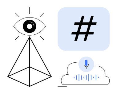 Göz görüşü simgeler, piramit yapıyı, meta veri etiketi eğilimleri, ses dalgalı mikrofon iletişimi ve teknolojiyi simgeler. Yenilik, veri ve strateji için ideal