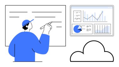 Grafikleri, grafikleri ve istatistikleri gösteren dijital bir paneldeki verileri analiz eden kişi. Analiz, bulut hesaplama, veri görselleştirme, teknoloji, karar verme, sunumlar için ideal basit