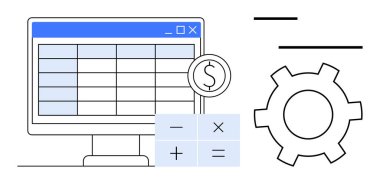 Bir dolar işareti ve hesap makinesi simgeleriyle birlikte bir hesap tablosu gösteren bilgisayar ekranı. Mali yönetim için ideal, analitik, otomasyon, iş araçları, bütçe