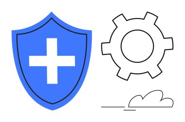 Sağlık veya dijital güvenliği simgeleyen tıbbi haçlı mavi bir kalkan. Bir dişli sistem yönetimini yansıtır ve bir bulut çizimi çevrimiçi işlemleri ifade eder. Siber güvenlik ve teknoloji için ideal.