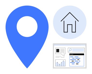 Mavi iğne, ev sembolü, dijital gösterge paneli konum, ev ve web kullanımının elementlerini birleştirir. Navigasyon, gayrimenkul, veri analizi, teknoloji iletişim pazarlaması için ideal