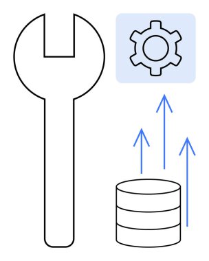 İngiliz anahtarı, teçhizat ve yukarı doğru oklu veri tabanı teknik bakım, sistem güncellemeleri ve büyümeyi gösteriyor. Teknoloji, veri yönetimi, sistem optimizasyonu, bilişim hizmetleri mühendisliği için ideal