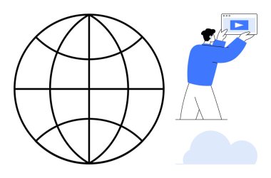 Medya içeriği ve açık mavi bulutlu bir tarayıcı penceresi tutan kişinin yanında küresel erişimi sembolize eden büyük bir küre. Takım çalışması, teknoloji, yenilik, video oluşturma, telekomünikasyon için ideal