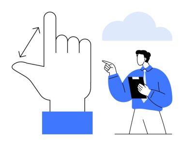 Boyut ölçümünü gösteren büyük bir el hareketi fikri gösteren bir pano tutan bir adam, bulut sembolü. Eğitim, yönetim, strateji, karar, takım çalışması için ideal. Düz basit metafor