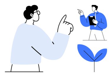 Bitki unsurları tarafından temsil edilen büyüme metaforuyla fikir alışverişinde bulunan iki insan arasındaki profesyonel sohbet. İşbirliği, takım çalışması, iş yeniliği ve iletişim için ideal