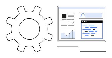Veri analizi, optimizasyon ve dijital araçları temsil eden çizelgeler, arama çubuğu ve metin düzeni içeren bir tarayıcı penceresinin yanında vites. Teknoloji, web geliştirme, analitik, iş akışı araması için ideal