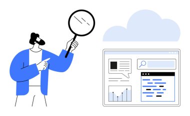 Elinde büyüteç olan kişi, içinde grafik, metin ve çizelgeler olan dijital bir gösterge panelini işaret ediyor. Veri analizi, araştırma, çevrimiçi araçlar, web araması, kullanıcı deneyimi, teknoloji sade iniş için ideal