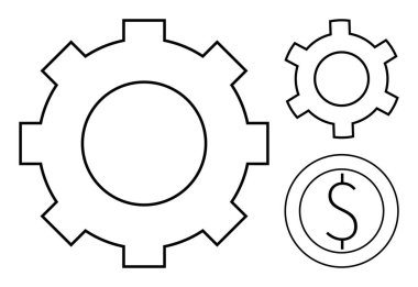 Dairesel çerçevede iki vites ve bir dolar işareti içeren üç ana hatlı şekil. Finans, teknoloji, süreç optimizasyonu, üretkenlik, yönetim, takım çalışması, basit iniş sayfası için ideal