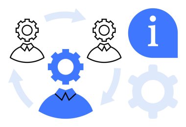 Dişli başlı ekip üyeleri oklarla birbirine bağlı bilgi simgesi bilgi paylaşımını, işbirliği ve gelişimi vurguluyor. Takım çalışması, üretkenlik, ağ oluşturma, iletişim, yenilik süreci için ideal