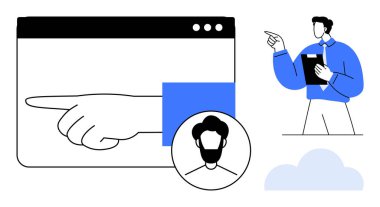 İşaret eli, kullanıcı profili avatarı ve profesyonel tutucu panosu olan tarayıcı penceresi. Takım çalışması, rehberlik, yönetim, çevrimiçi profiller, navigasyon web platformları liderlik için ideal. Düz